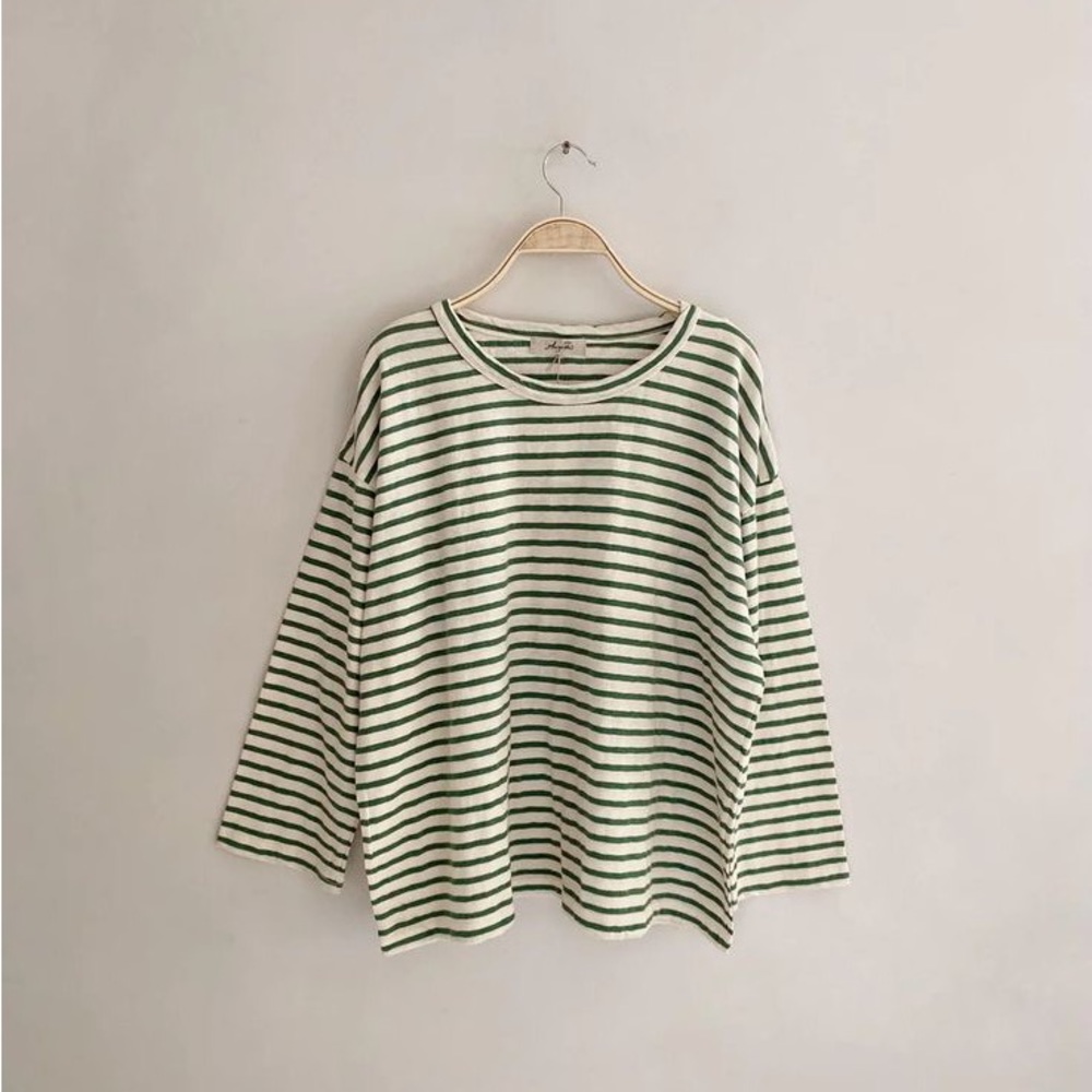 Ichi Antiquities Cotton Border Pullover in natural and green one size